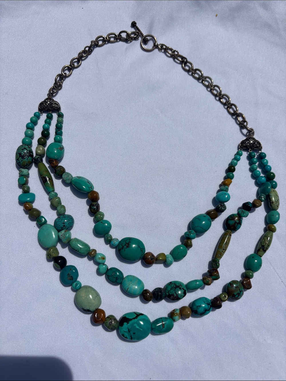 Gorgeous Turquoise and Brown Three-Strand Beaded Necklace